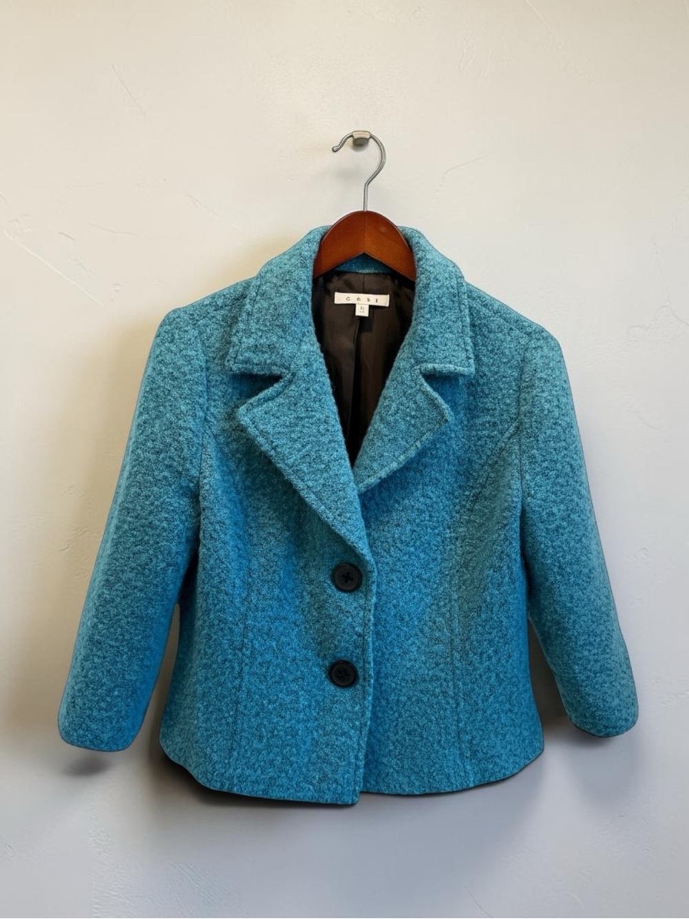 CAbi Teal Boucle Blazer Peacoat Jacket 3/4 Sleeve Size 6